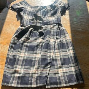 Kate spade wool navy plaid cap sleeve long front slit gathered neck sz6 dress